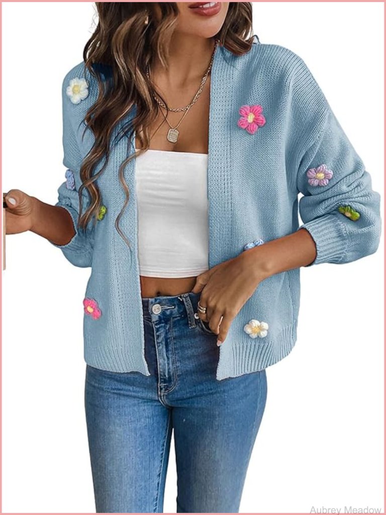 Cropped Cardigan Sweater Boho Floral Embroidery Oversized Open Front Knit